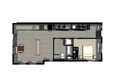 Floor plan for 1 bed, 1 bath, 747 sqft